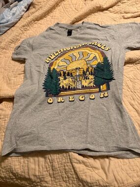 Gildan Grey Multnomah Falls Oregon Graphic Tee - Yellow & Green Print